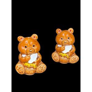 Vintage Bears Cub Salt & Pepper Shaker Set Eating Honey Pots Made in Japan 2.75'